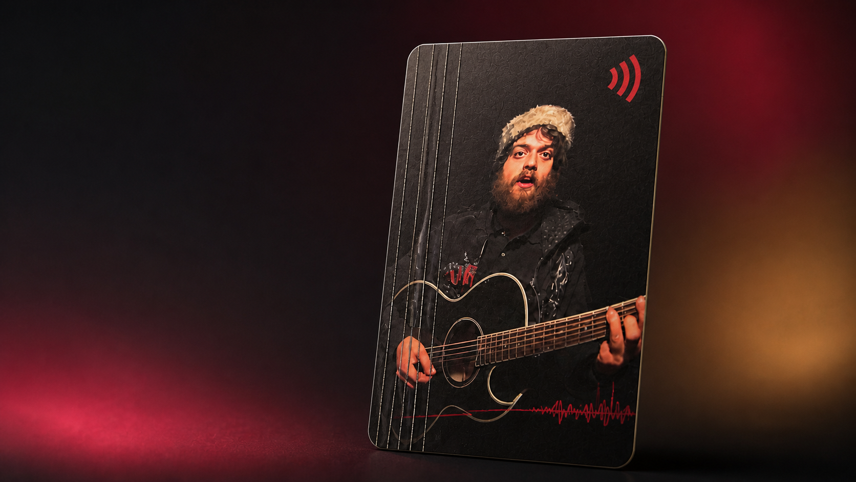 Concept render of three matte and frosted AHOY NFC music cards with waveform details