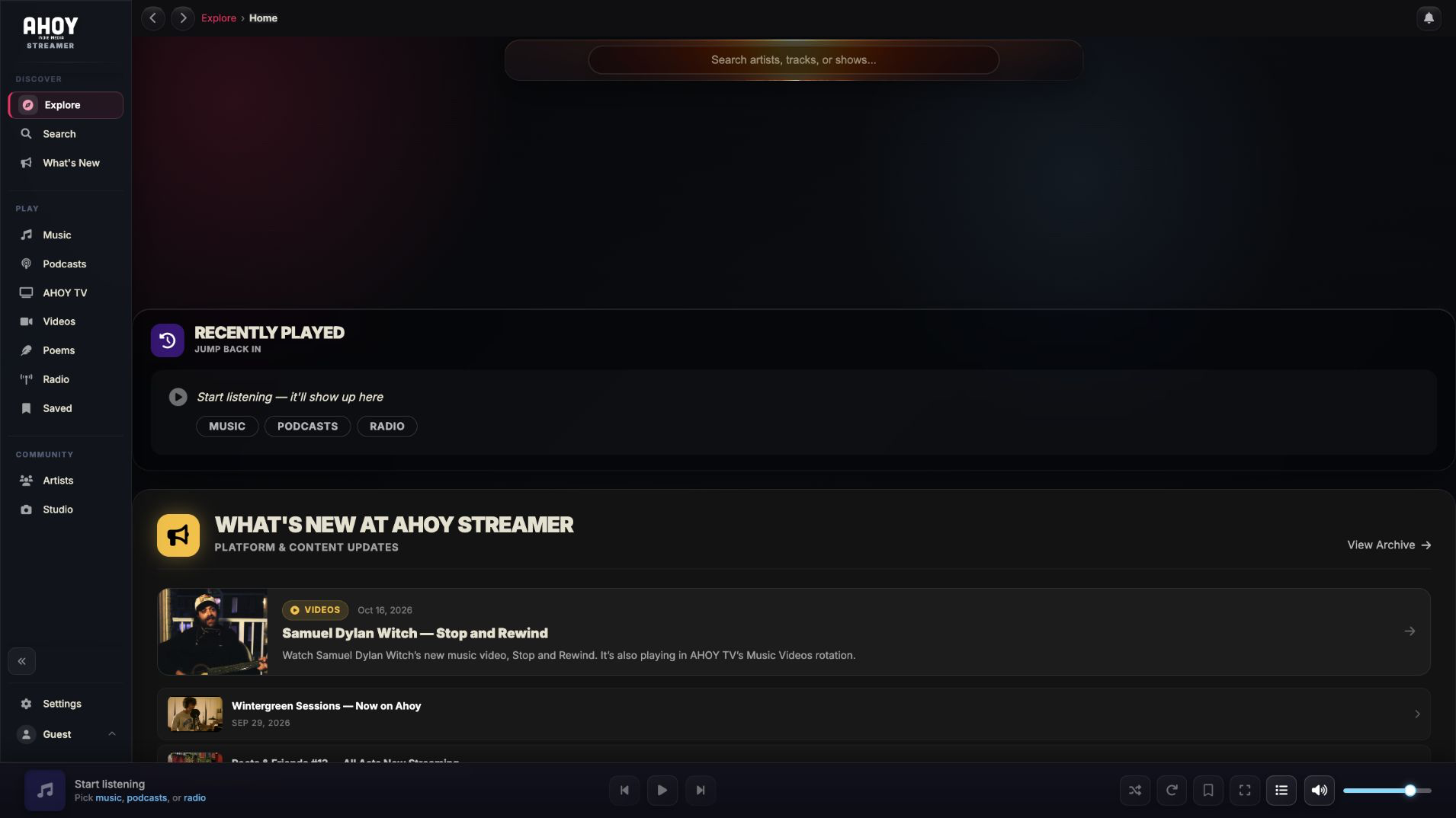Ahoy Streamer home screen with media categories, recent listening, updates, and playback controls